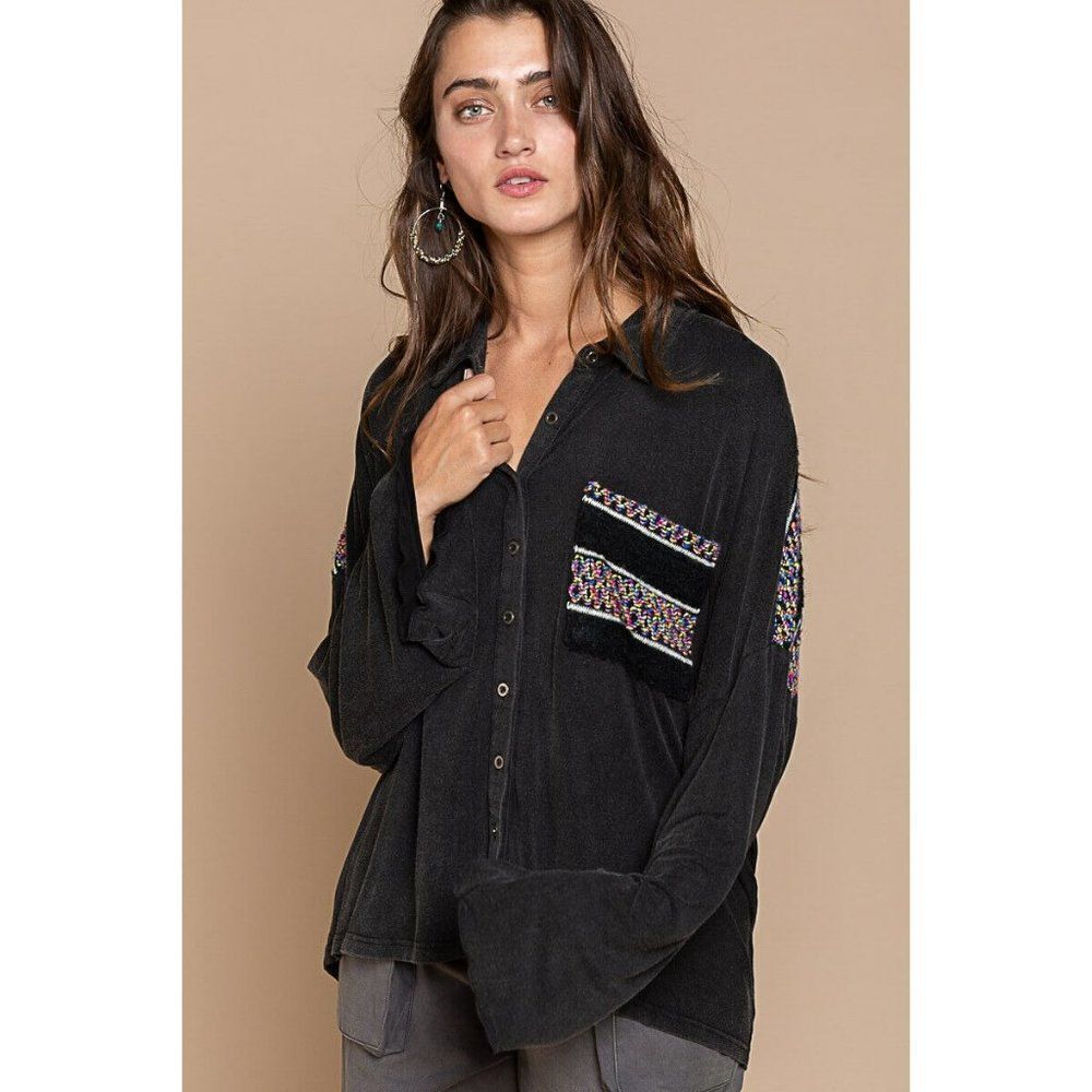 POL Clothing Black Button Top Shirt Rainbow Embroidered Fall Winter Women fkt792
